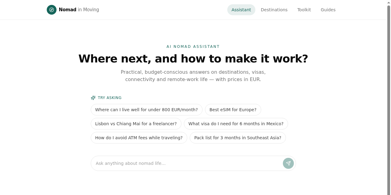 Nomad in Moving app: AI nomad assistant and example travel questions