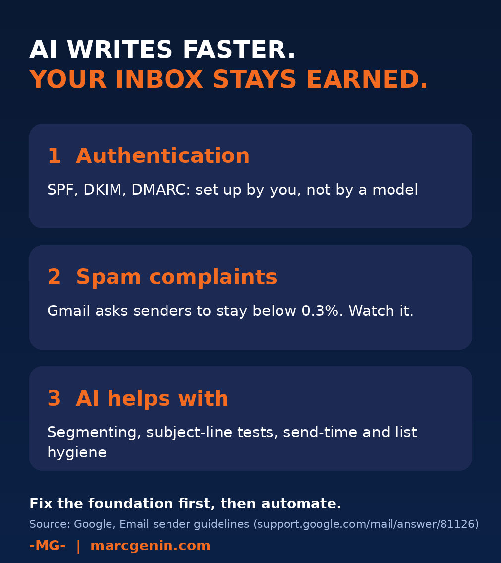 Card: AI writes faster, your inbox stays earned. Authentication, spam complaints, and where AI helps
